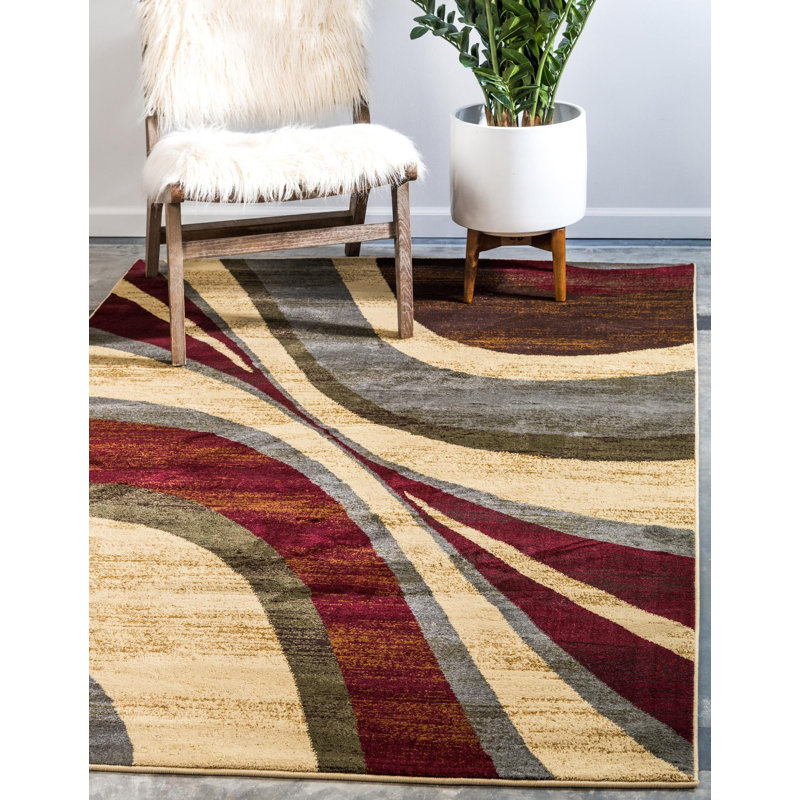 Tapis contemporain Samiyah de couleur beige tourbillonnant, Rectangle 3 pi 1 po x 5 pi 3 po