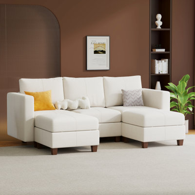 Modular Sectional Sofa With Storage Ottoman, Modern Upholstered Comfy Sofa Sectional Couches For Living Room,Bedroom,3 Seater U-Shaped Couch With 2 Ottoman, Chenille In White
