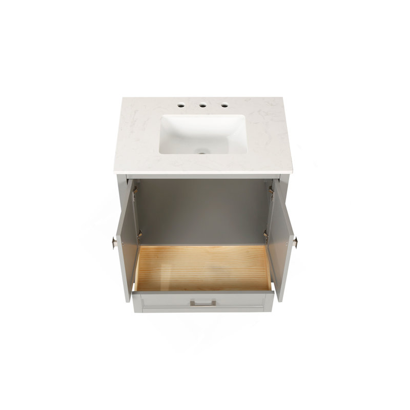 Meuble-lavabo autoportant de 30 po avec lavabo, comptoir en marbre d'ingénierie de Carrare avec lavabo rectangulaire encastré en céramique, grande porte de rangement à fermeture en douceur, structure en bois massif