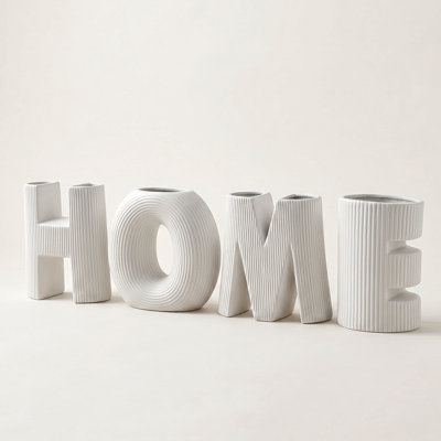 4 Piece White Ceramic HOME Letter Vase Set with Ribbed Texture, Decorative Vases for Flowers and Greenery, Farmhouse and Coastal Shelf Decor