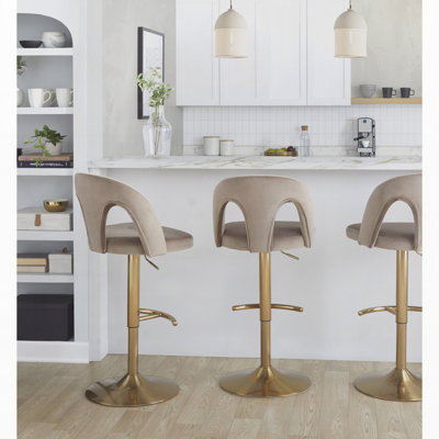 Tabouret de bar réglable en métal doré et velours taupe avec repose-pieds arrondi en T, ensemble de 2