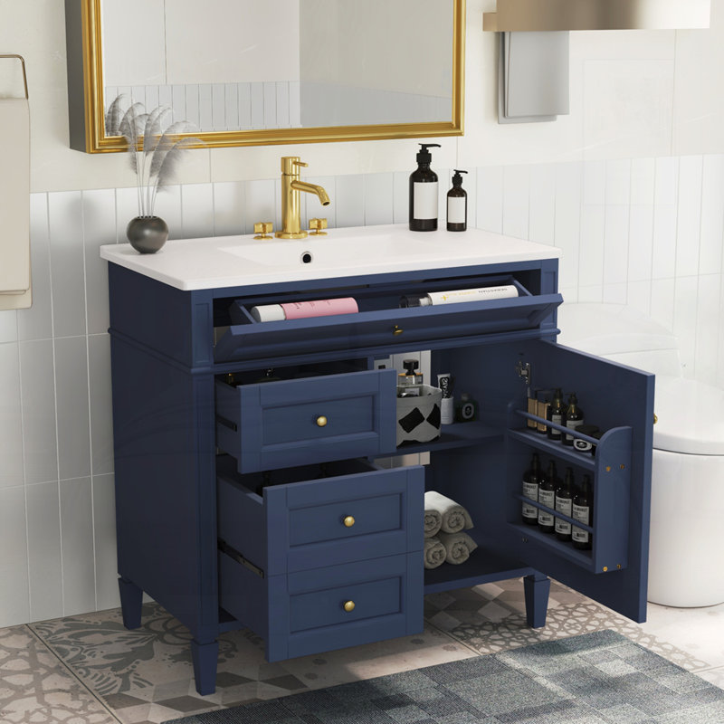 Meuble-lavabo 36 po avec lavabo supérieur, Bleu, Argent argent