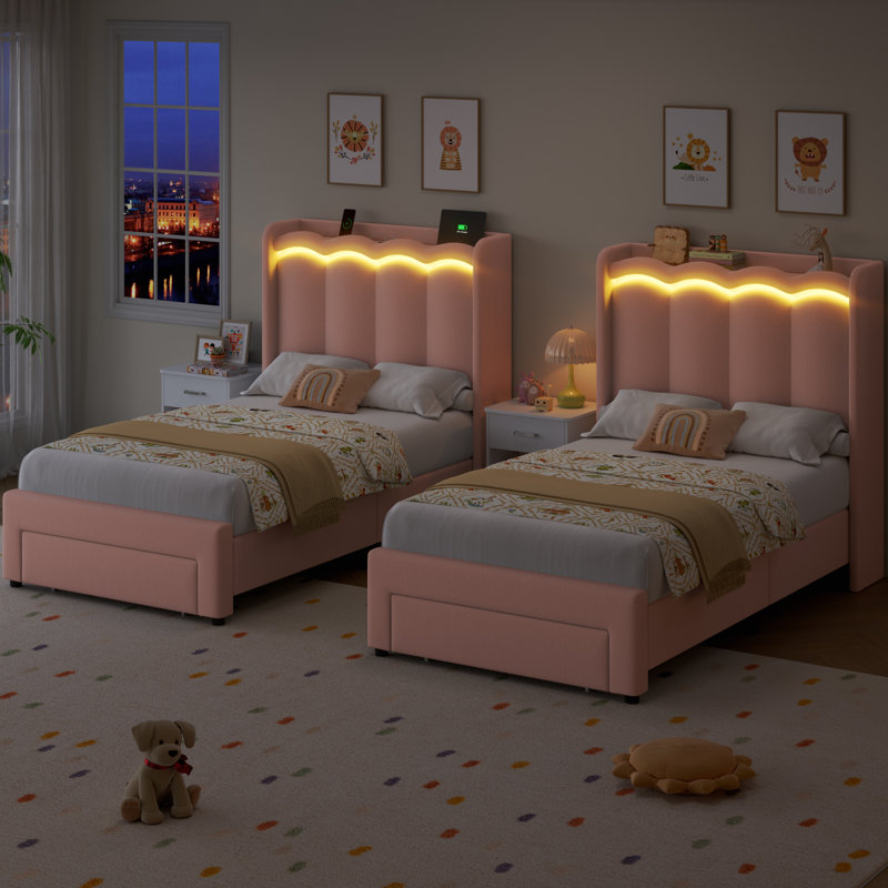 3 Piece Kids Bedroom Set, Twin Size Upholstered Storage Kids Bed With 1 Drawer & Led Lights, 2 Nightstands With 1-drawer