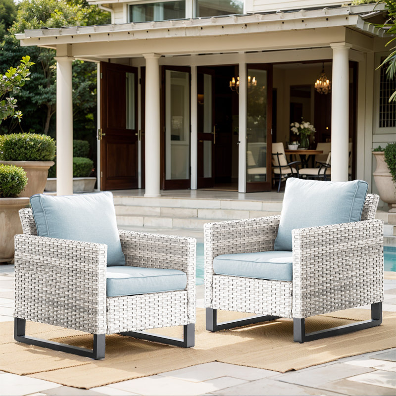 Chaise de patio avec coussins Nazime, Bleu pastel, Gris clair