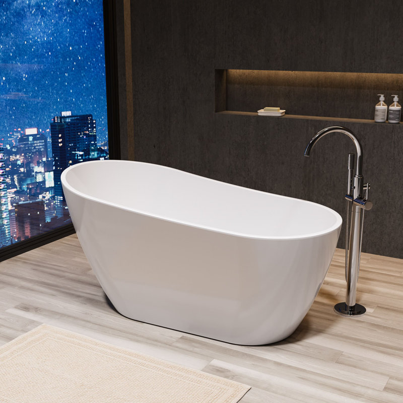Baignoire de trempage autoportante à dossier haut en acrylique blanc brillant avec trop-plein et drain intégrés