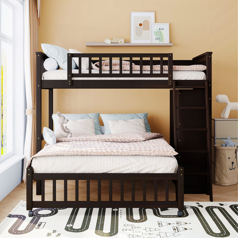 Lit superposé simple au-dessus d'un lit double en bois avec six tiroirs et tablettes flexibles, lit inférieur à roulettes, espresso