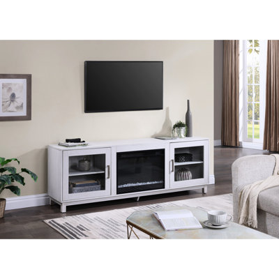 Console de meuble télé noyer blanc de 70 po, foyer et chauffage, 7 étincelles de couleur flamme, 11 îlots de température, minuterie, 2 armoires avec tablettes,