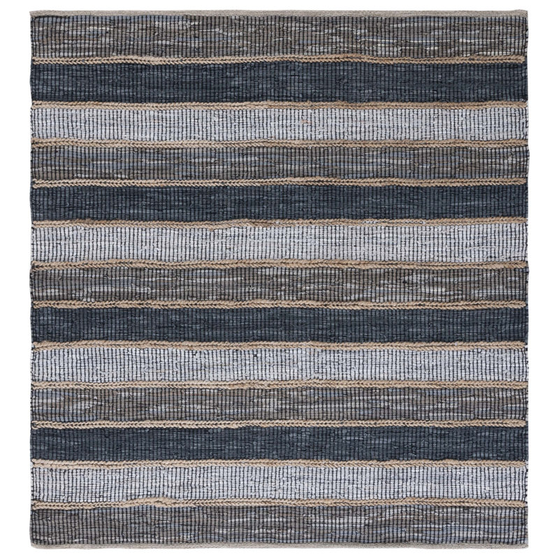 Gereline Vintage Leather Hand Woven Leather/Jute Striped Rug in Grey/Natural, Square 6'