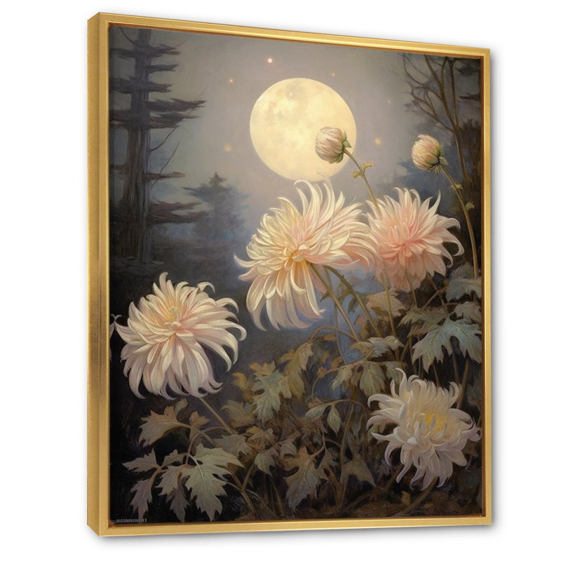 «Blooming Pastel Chrysanthemum Retro Full Moon» sur impression sur toile, Cadre flottant doré, H 40 po x l 30 po x P 1,5 po