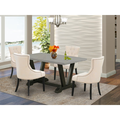 Ensemble de salle à manger 5 pièces - 4 chaises Parson beige clair avec table de salle à manger moderne capitonnée et ciment - finition noire brossée