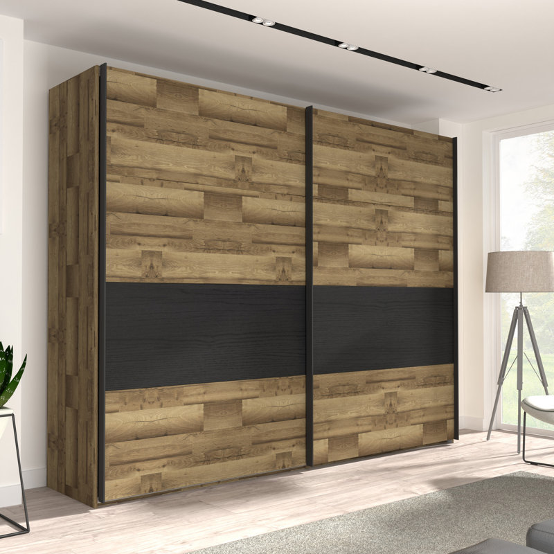 Huguley 2 Door Manufactured Wood Wardrobe, 210.5cm H x 269.9cm W x 61.2cm D, Brown/Black