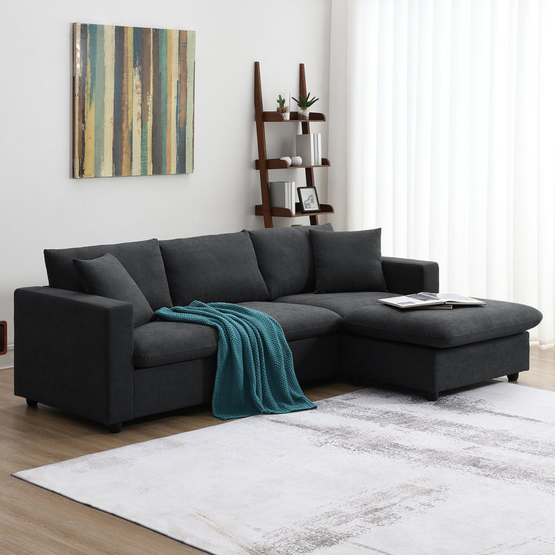 Modern Sectional Sofa, L-Shaped Couch Set With 2 Free Pillows, 4-Seat Couch Set With Convertible Ottoman, Comfy Couch, Black