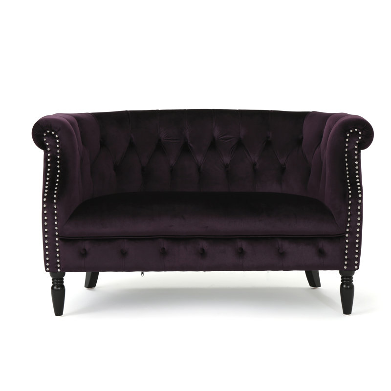 Causeuse Chesterfield en velours à accoudoirs roulés 51,5 po Charlotte, Velours mûre