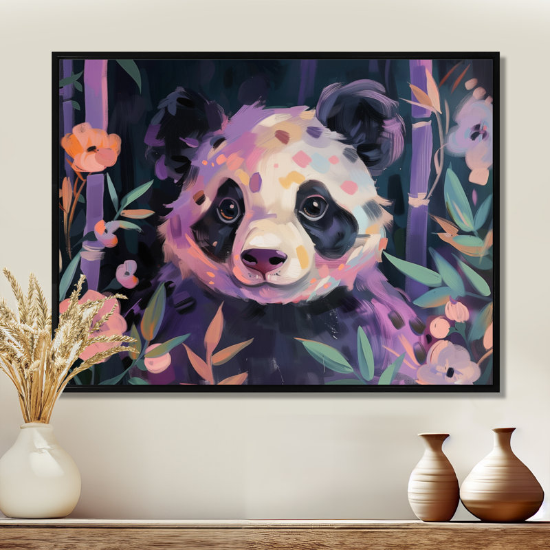 Blanc, mauve, panda, jungle I - art mural animal panda, Cadre noir, H 12 po x l 20 po
