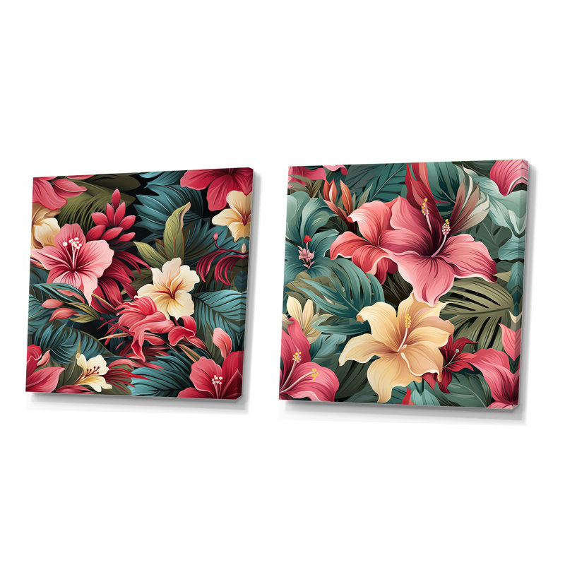 Topsfield - Ensemble de 2 collages carrés floraux, H 16 po x l 33 po, Toile tendue