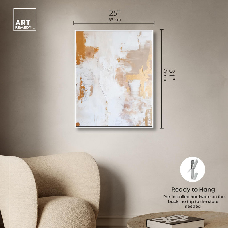 Toile dorée abstraite «Golden Tone» par Art Remedy, H 31 po x l 25 po, Cadre flottant blanc