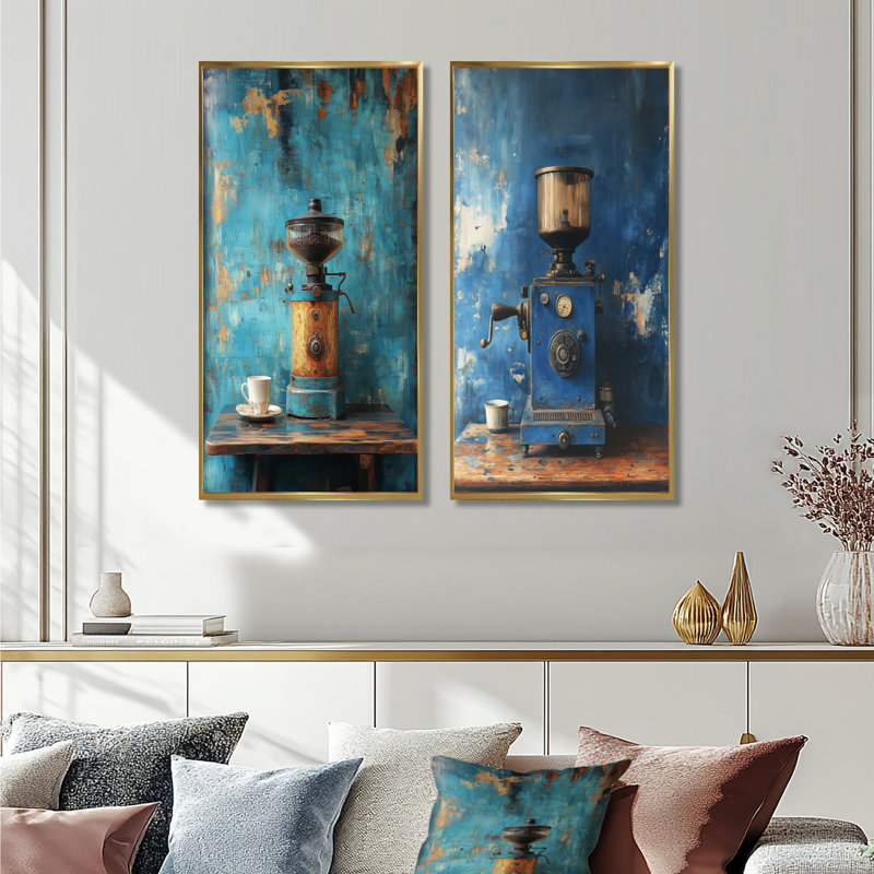 Ensemble de 2 moulins à café Blue VIntage Blue I - Coffee Wall Art, H 32 po x l 32 po, Impression encadrée, Doré