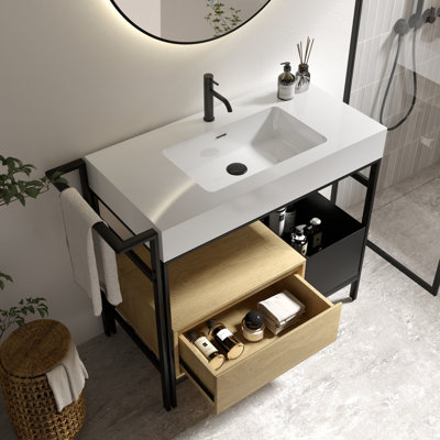 36-Inch Modular Bathroom Vanity With Metal Frame, Soft-Close Drawer, And Hardware, Featuring A Smooth Artificial Marble Basin Industrial 36" Seamless Stone Basin, Adjustable Towel Bar, Hidden