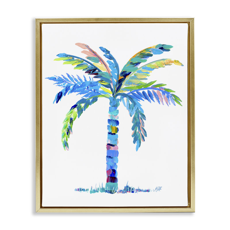 "Bold Blue Palm Tree", art mural sur toile flottante par Julie DeRice, Cadre flottant métallique doré, H 31 po x l 25 po