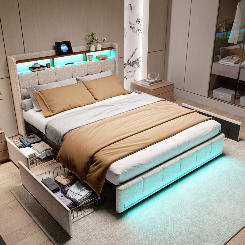 Storage Bed, Beige, European Kingsize (160 x 200 cm)