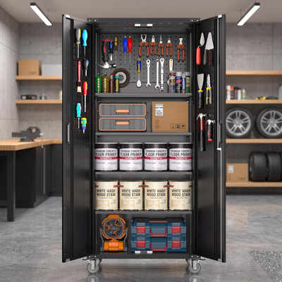 Armoire de rangement métallique verrouillable de 182 cm (71,7 pouces) en acier laminé à froid, avec 2 portes, 4 étagères réglables, 4 panneaux perforés et roulettes. Parfait pour le garage, le vestibule et le bureau à domicile.