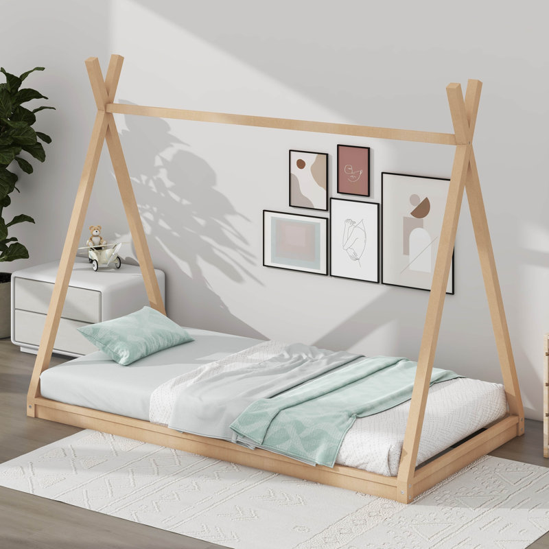 Twin Size Tent Shape Floor Bed Frame, Natural