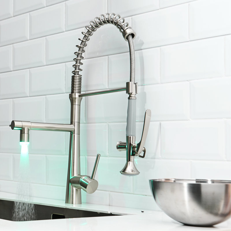 Contemporary Brushed Nickel Kitchen Faucet With Heavy Duty Commercial Style, Pre-Rinse Spring And High Arc Pull Down Single Handle Style Spot Finish