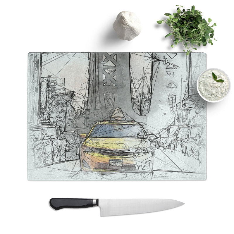 Tempered Glass Taxi Cab in New York City Sketch Chopping Board, 28.5 cm x 39 cm