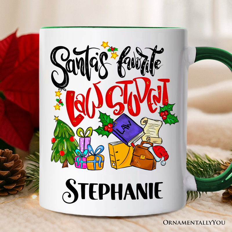 Tasse d'étudiant Santa's Favorite Law, cadeau d'avocat futuriste avec nom personnalisé