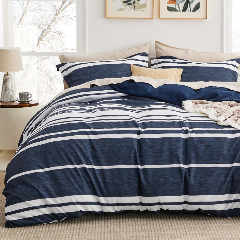 Bedsure Super Soft Cationic Dyed Duvet Cover, Heathered Blue Striped, King Duvet Cover + 2 King Pillowshams