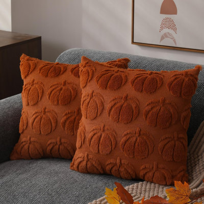Housses de coussin automnales 50x50 cm (2 pièces) - Motif citrouille orange - Décoration d'automne pour la maison - Ensemble de 2 housses de coussin décoratives en fausse fourrure douce et laine - Coussin pour canapé, fauteuil, chambre, salon - Décoration intérieure