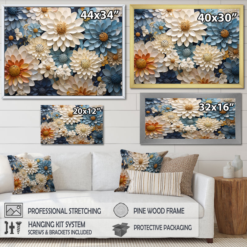 «Vibrant Blue White Zinnias Collage I» sur toile, Cadre simple noir, H 12 po x l 20 po x P 1 po