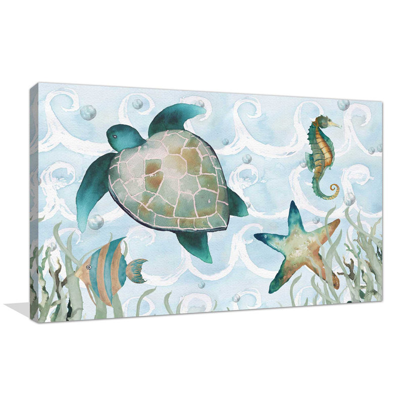 «Watercolor Sea Creatures Panel (Blue)», reproduction d'art à l'aquarelle, H 24 po x l 40 po x P 1,5 po, Toile tendue