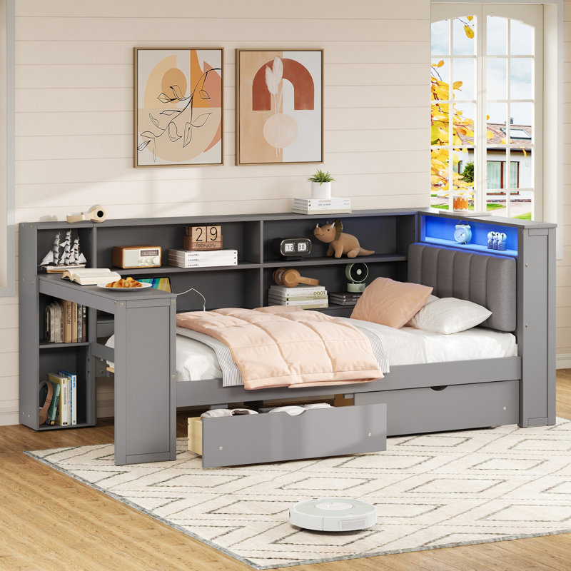  Wood Twin Platform Bed with Storage Shelves, Desk, Drawers and Charging Station, Upholstered Headboard, Gray, Gray