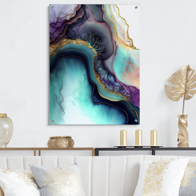 Art mural en acrylique abstrait bleu et mauve Geode III pour le salon