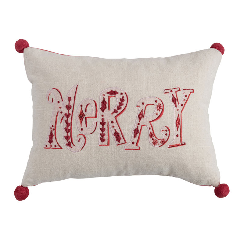 Cotton Printed Lumbar Pillow With "Merry"