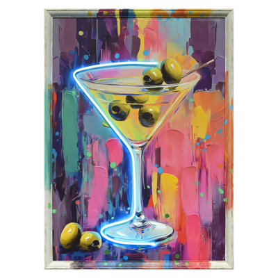 Glow Martini Wall Art Canvas Neon Wall Art - 21" x 29" - Multicolor Frame