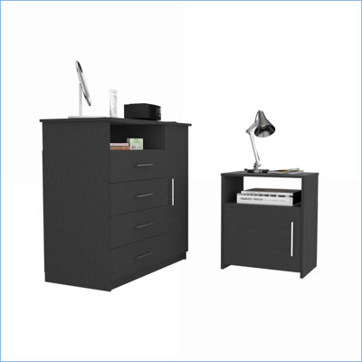 Ensemble de chambre à coucher pour rangement, commode 2 tiroirs + table de chevet 2 pièces, noir | Panneau de particules