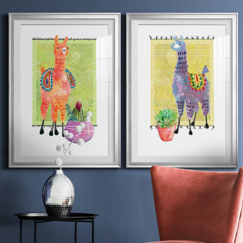 «Lovely Llama I», ensemble de 2 reproductions d'art, H 26,5 po x l 73 po x P 1,5 po, Papier avec cadre argenté, Blanc
