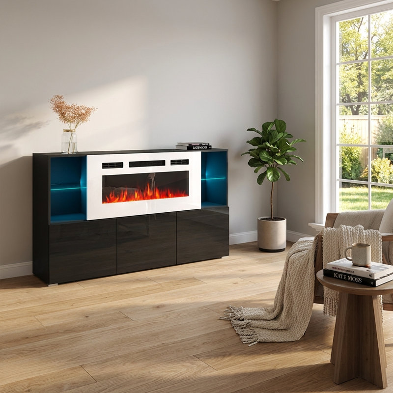 Camberlynn 63" Sideboard with Electric Fireplace, High Gloss Finish, Black