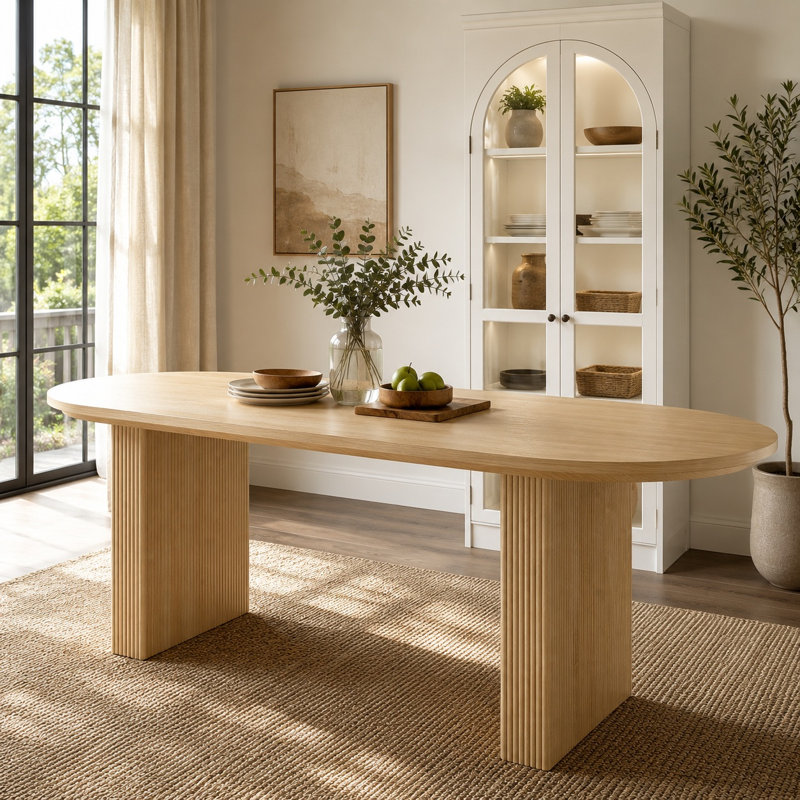 70.8" W Natural Solid Oak Dining Table with Fluted Pedestals