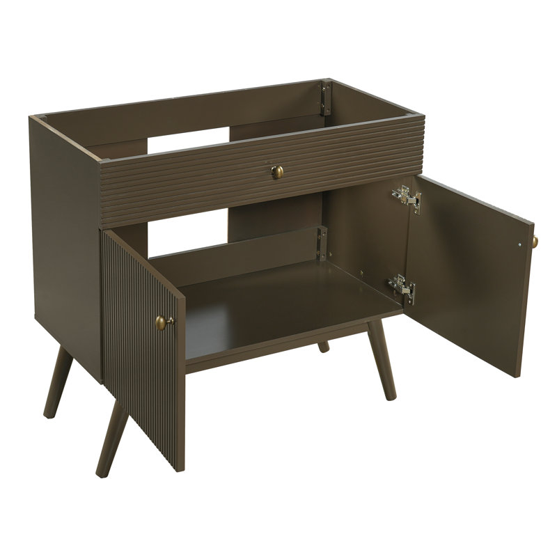 Meuble-lavabo moderne en bois cannelé avec lavabo en céramique et rangement à fermeture en douceur Lennox