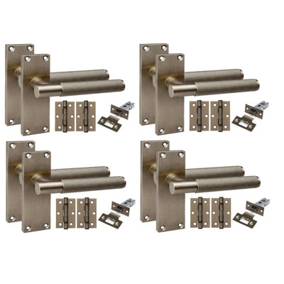 Golden Grace 4 Pairs Victorian T-Bar Linear Design Internal Door Handle on Backplate Antique Brass with 2.5" Latch & Hinges - 120mm x 40mm