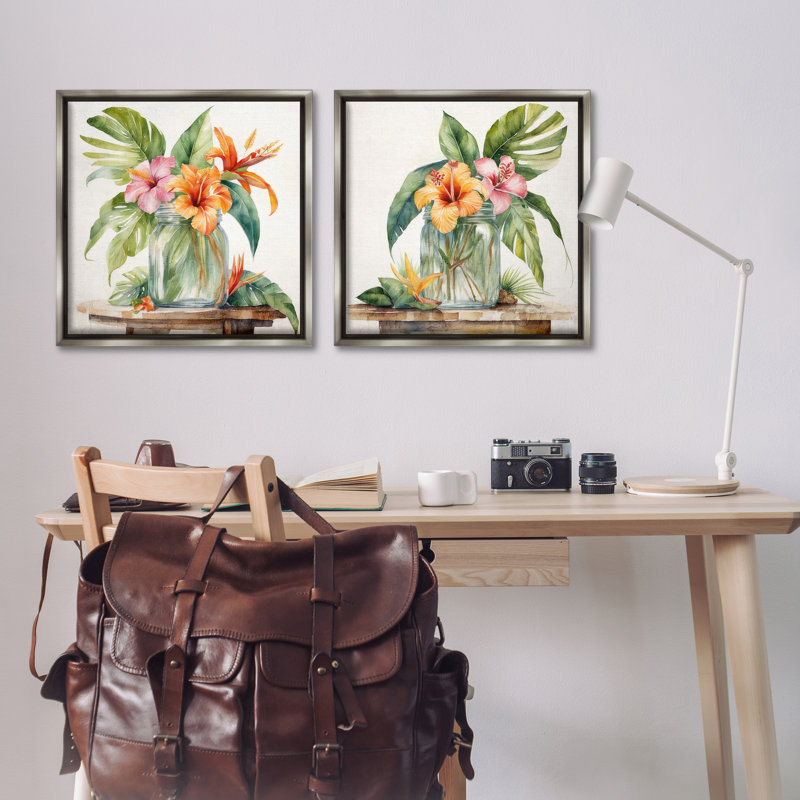 Tropical Hibiscus Floral Jar 2 PC Framed Floater Canvas Set by Kim Allen, Lustre Grey Floater Frame, 25" H x 25" W
