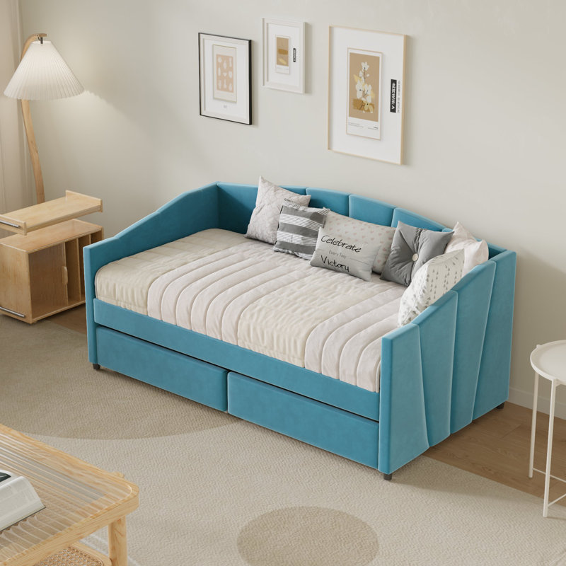 Lit de jour simple en velours avec tiroirs Eliana - Fabrication solide, maximisation de l'espace, Bleu