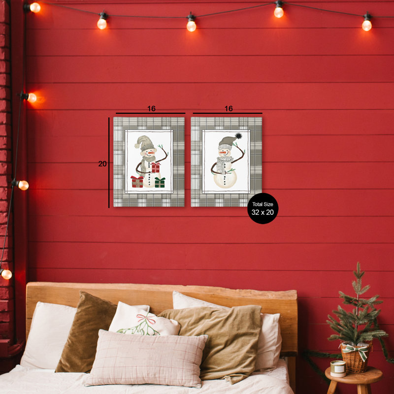 Cozy Snowmen on Plaid 2pc Canvas Set, design by Cindy Jacobs, 20" H x 16" W