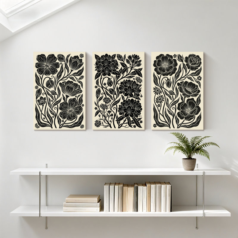 Plantes et fleurs, motif floral noir sur fond crème, ensemble de 3 impressions murales sur toile, H 30 po x l 60 po
