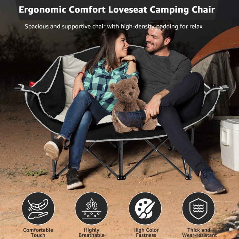 Causeuse double pour camping - capacité de 660 lb, rembourrée, pliante avec porte-gobelets