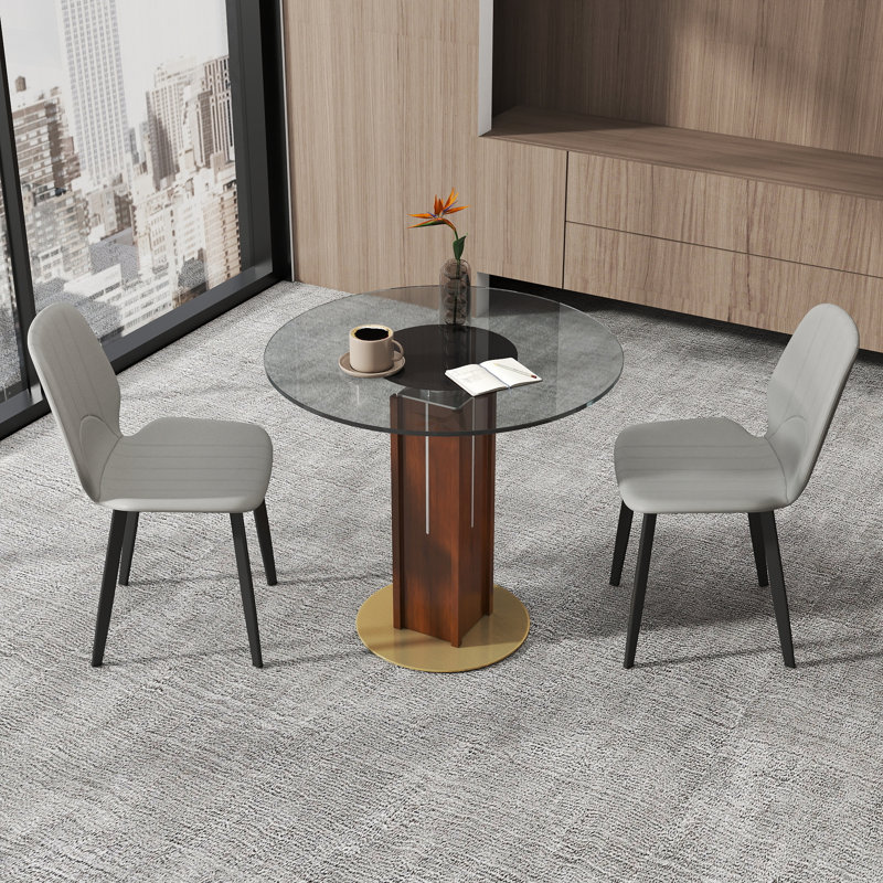 33.46 " Tempered Glass Round Conference Table and 2 Chairs, Gray