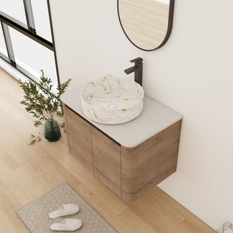Meuble-lavabo flottant simple 30 po avec comptoir en céramique, Blanc / doré, 30", Brun